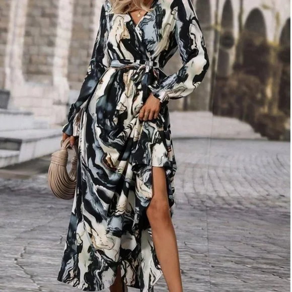 Belted Flounce Sleeve A-Line Marble Print maxi Dress - Picture 5 of 7